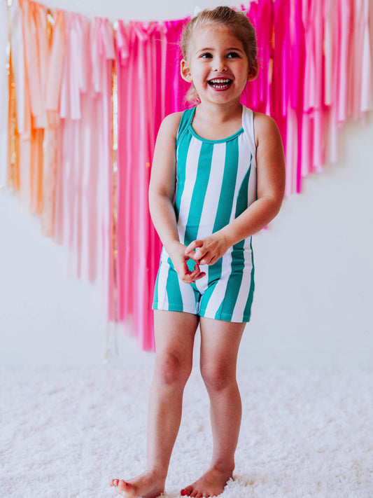 Strappy Leotard - Sea Green Stripe